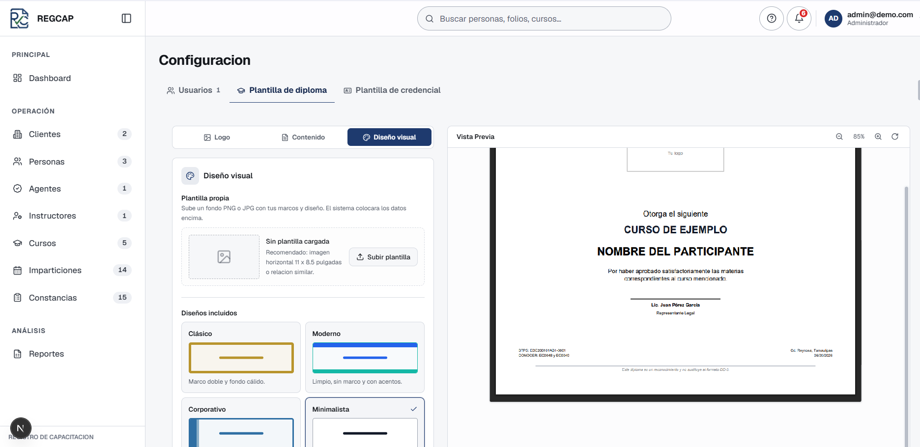 Configuración de plantillas en REGCAP
